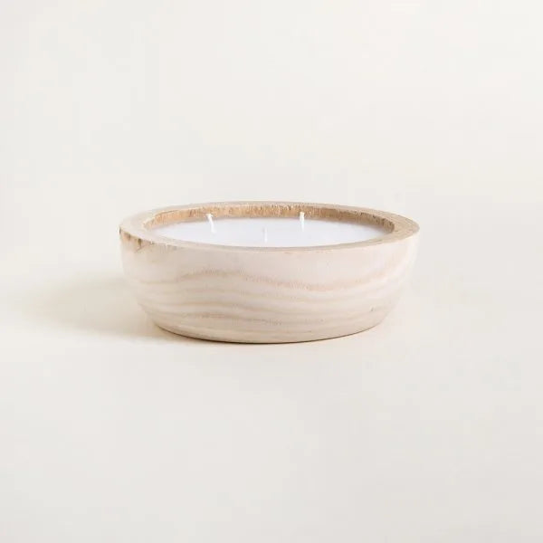 VELA REDONDA CON BASE DE MADERA DE PAULOWNIA LEORA 19 CM